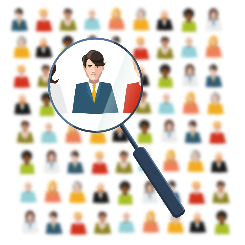 B2B marketing: magnifying glass finds customer from a crowd